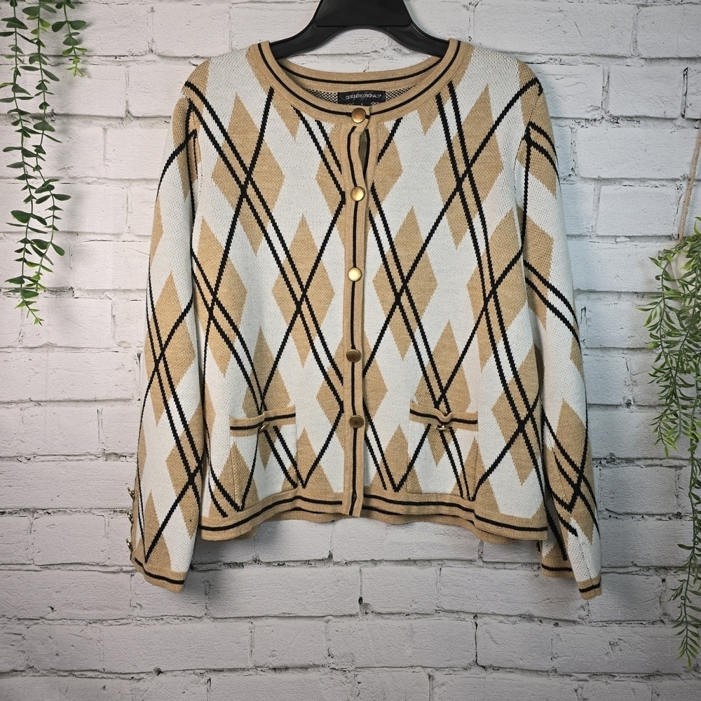 VINTAGE DESIGNER ORGINALS ARGYLE CARDIGAN TAN WHITE WOMENS SIZE LARGE